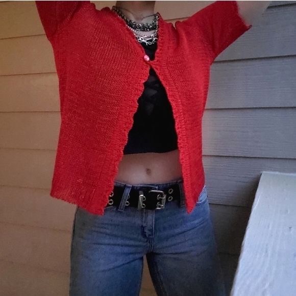 Sag Harbor Vintage Y2K Aesthetic Open-weave Crochet Cropped Red Summer Cardigan - Picture 4 of 15